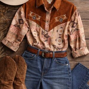 Vintage 1849 Ranchwear USA Western Show Shirt Aztec Print Suede Yoke medium